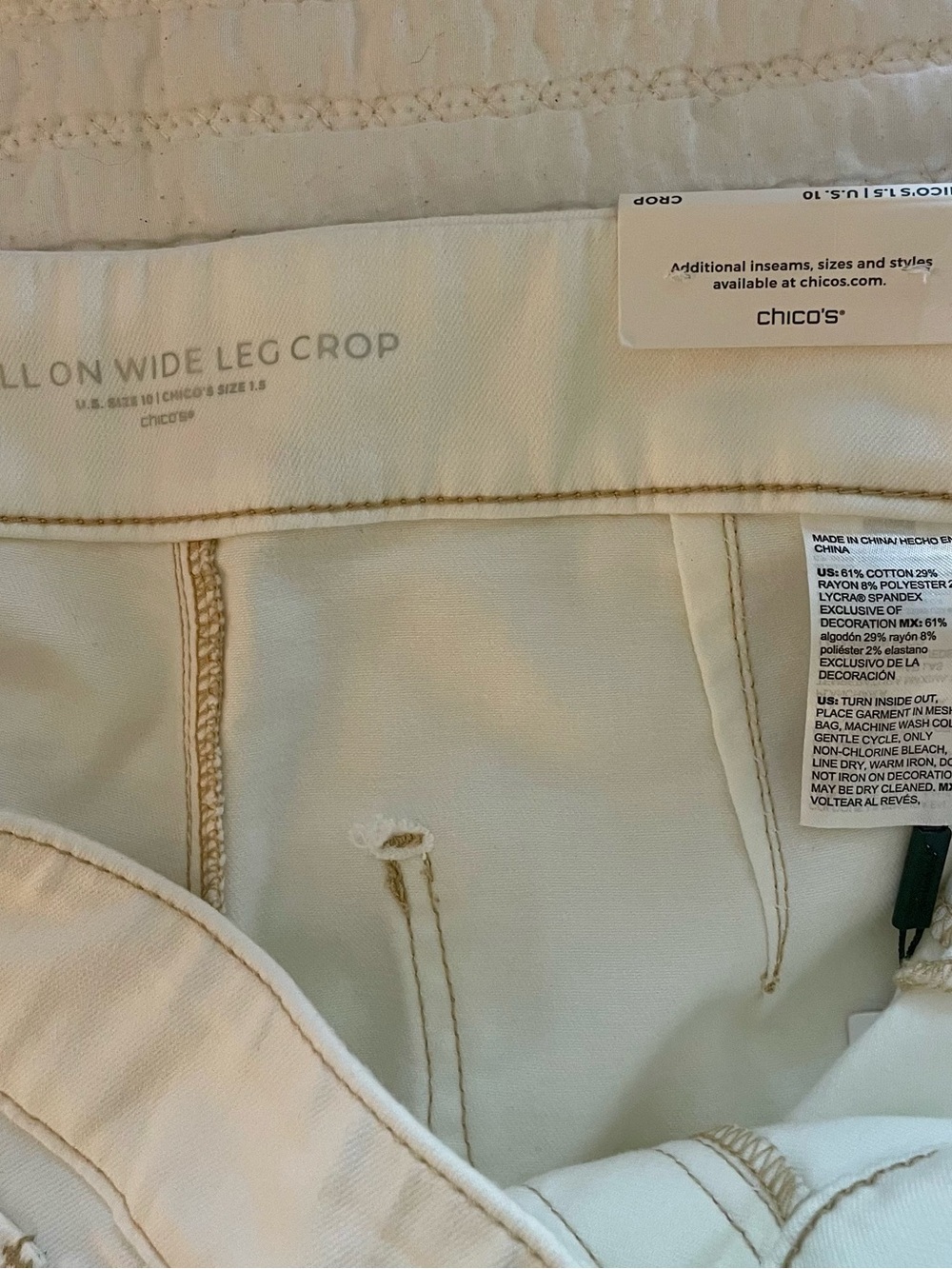 Chico’s White Cropped Wide-Leg Pants with Gold Floral Embroidery Cutouts - Picture 7 of 9